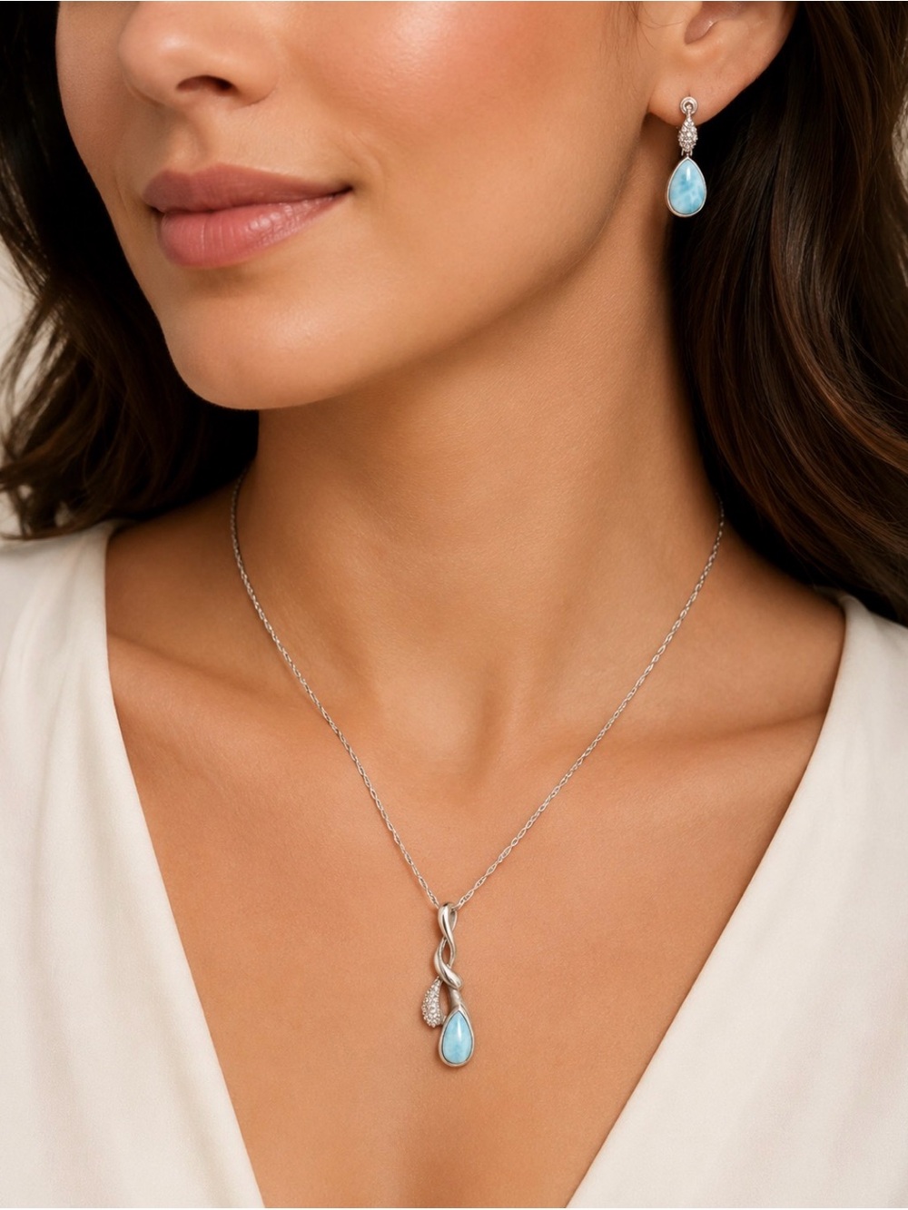 Larimar Silver Teardrop Blue Stone Pendant Necklace and Earrings Set